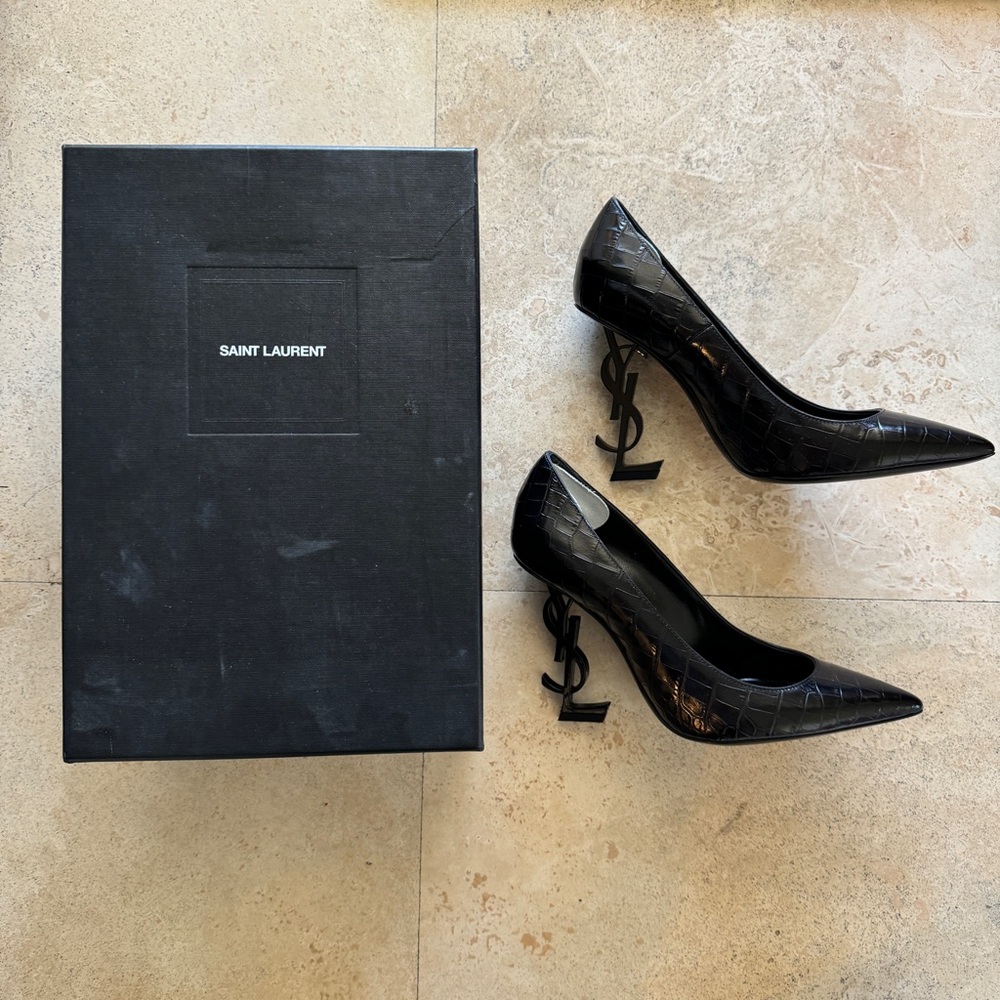 SAINT LAURENT BLACK CROC EMBOSSED 'OPYUM' 110 HEELS  NEW